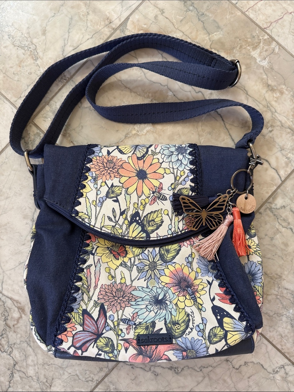 Sakroots Navy Floral Crossbody with Tassel & Butterfly Charm